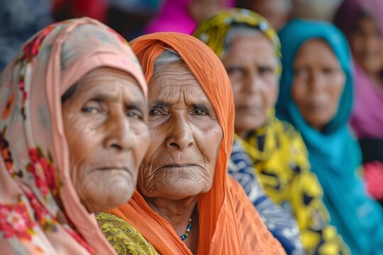 women in colorful scarves look at one another in a crowd, light orange and silver, grandparentcore, International Widows Day.