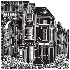 Old city street. Urban landscape. Old European city street with buildings. Black and white vector illustration on white background. Venice	
