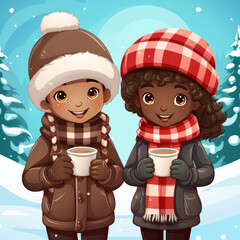 Boy and girl in winter clothes drinking hot chocolate with winter scenery in the background. Cartoon illustration on white background