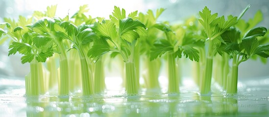 A bunch of green celery stalks are neatly placed on top of a wooden table, showcasing their freshness and vibrant color. The vegetables are organized in a row, highlighting their crisp texture and