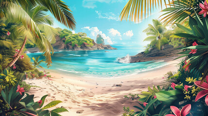 A tranquil tropical beach background wallpaper, with serene and peaceful ambiance.