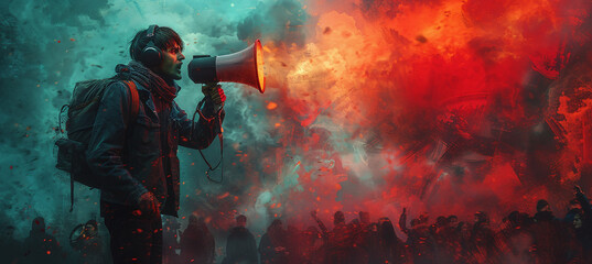 Person with megaphone leading a crowd in a smoky, red-lit protest scene. - obrazy, fototapety, plakaty