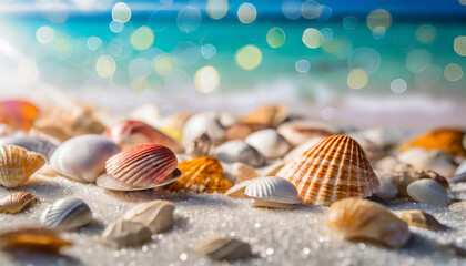 Fototapeta na wymiar Seashells on the beach, Shells on the Beach, Bokeh background 