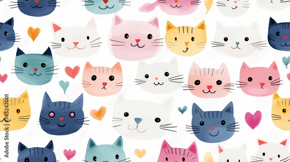 Poster generative ai simple aquarelle cartoon cats pattern