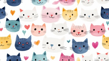 Generative AI Simple aquarelle cartoon cats pattern
