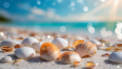 Fototapeta na wymiar Seashells on the beach, Shells on the Beach, Bokeh background 