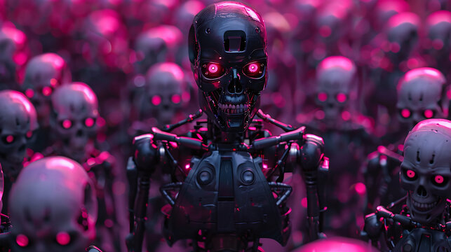 Futuristic robot army with red eyes, concept of artificial intelligence uprising, selective focus