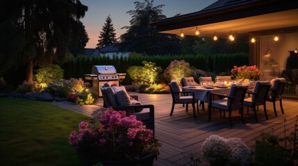 Summer evening on the patio of beautiful suburban house 