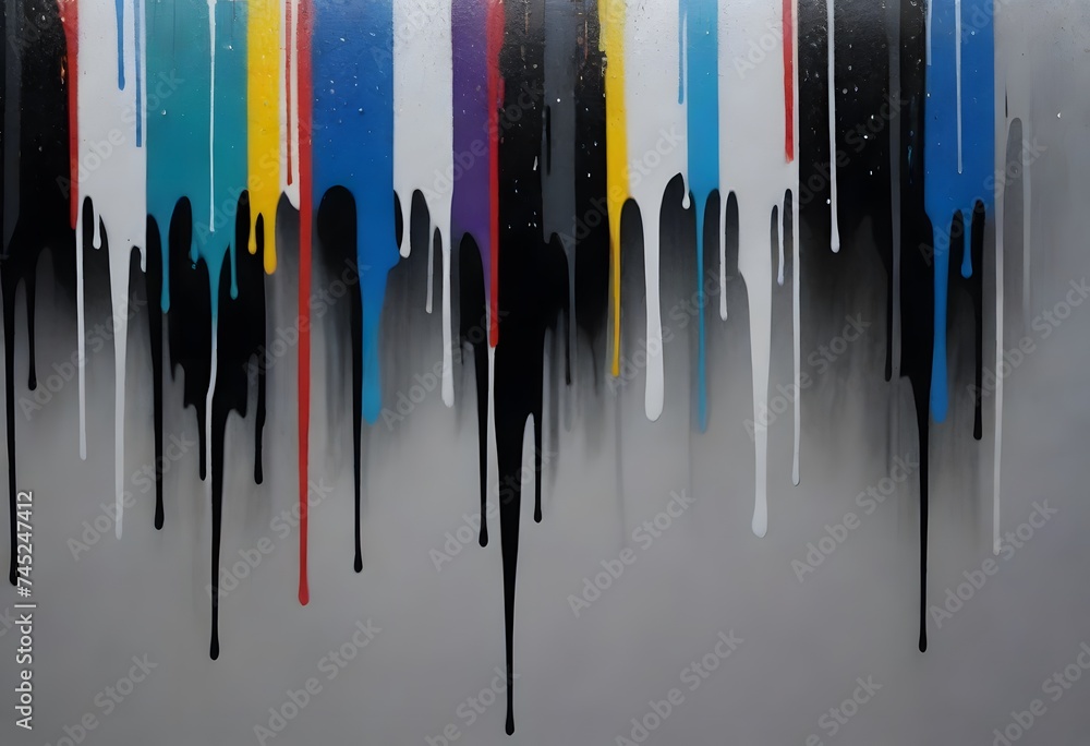 Poster vibrant yellow, blue, and red paint drips cascade down a grey background, creating a striking abstra