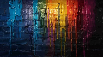 Gardinen A close-up of glossy paint splashes in rainbow colors, dripping down a smooth concrete wall. © CtrlN