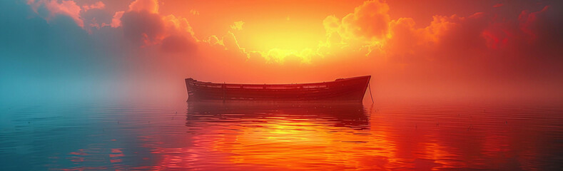 Serene sunrise with a solitary boat on calm waters, vibrant orange and red hues reflecting in the misty atmosphere.