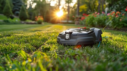 Robot lawn mower prepares to mow the lawn - obrazy, fototapety, plakaty