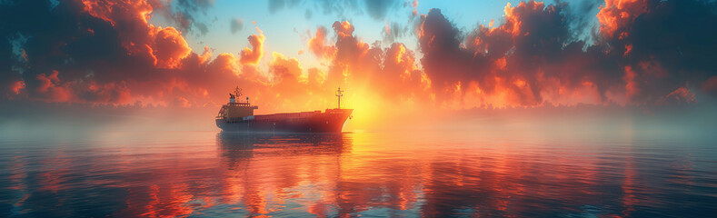 Silhouette of a cargo ship at sea during a vibrant sunrise with dramatic clouds and reflections on water. - obrazy, fototapety, plakaty