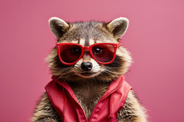 A raccoon wearing red sunglasses