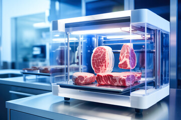 Modern futuristic production facility for artificially produced meat - ethical consideration - obrazy, fototapety, plakaty