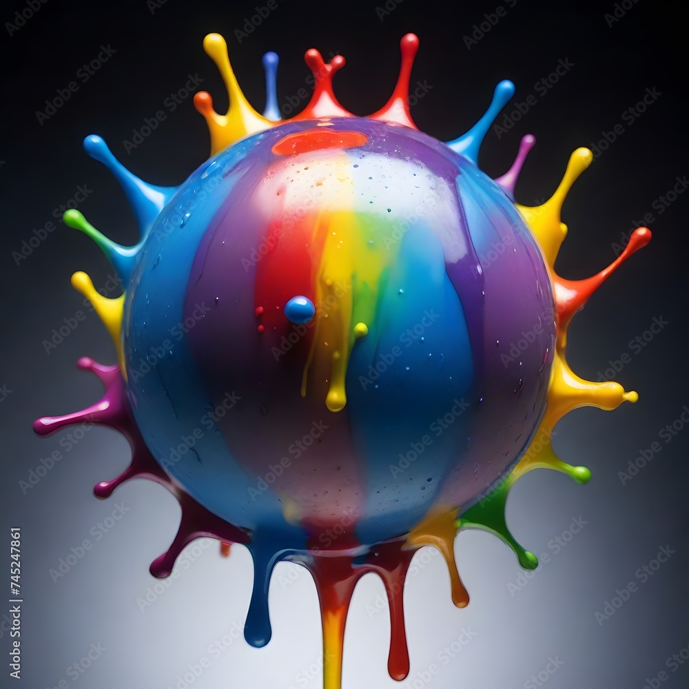 Poster a vibrant sphere explodes with a rainbow of paint splashes against a dark background. the dynamic co