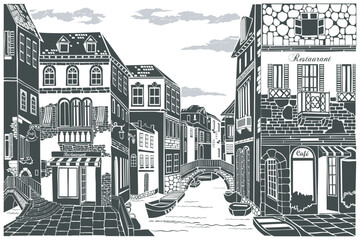 Old city street. Urban landscape. Old European city street with buildings. Black and white vector illustration on white background. Venice	
