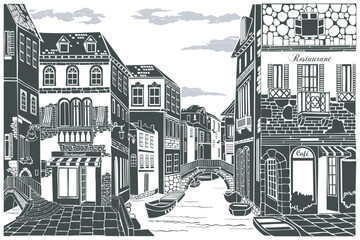 Obraz premium Old city street. Urban landscape. Old European city street with buildings. Black and white vector illustration on white background. Venice 