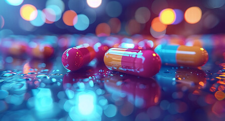 Colorful capsules on a reflective surface with bokeh lights in the background. - obrazy, fototapety, plakaty