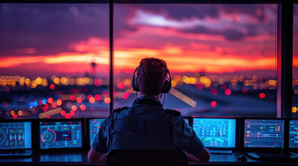 Obraz premium A Male Air Traffic Controller with Headset Talk on a Call in Airport Tower. Office Room is Full of Desktop Computer Displays with Navigation Screens.
