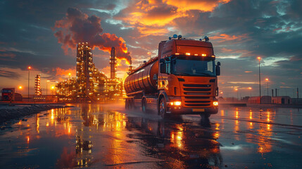 A petrol truck in Oil Refinery factory and petrochemical, Petroleum industry. - obrazy, fototapety, plakaty