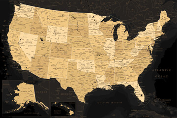 United States - Highly Detailed Vector Map of the USA. Ideally for the Print Posters. Black Golden Beige Retro Style - obrazy, fototapety, plakaty