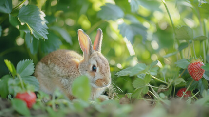 A wild rabbit appeared in the strawberry field