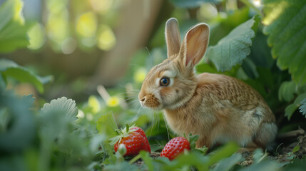 A wild rabbit appeared in the strawberry field