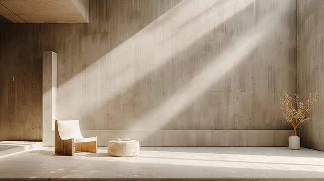 abstract interior design within a spacious concrete room. The design highlights minimalistic furniture arrangements