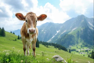 Zelfklevend Fotobehang funny cow in the alps © Ideenkoch