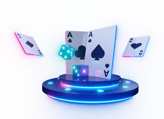 Baccarat or poker card and neon dice standing on top of blue bright podium.