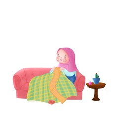 a girl is knitting cloth