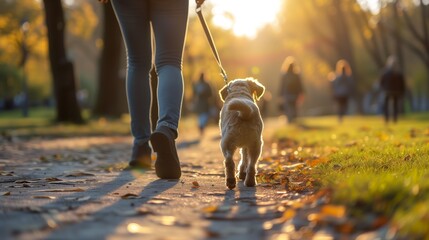 Walking with dog at park during morning walk, sunlight - obrazy, fototapety, plakaty