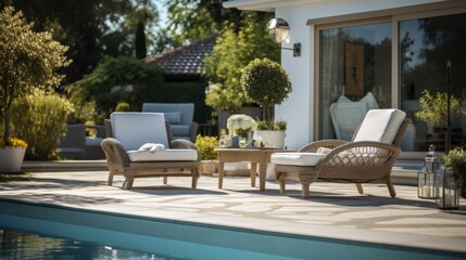 Obraz premium Terrace with chairs and swimming pool