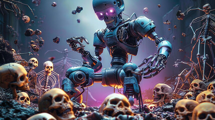 Futuristic robot amidst skulls and skeletons in a dystopian setting, conveying a post-apocalyptic scenario. - obrazy, fototapety, plakaty