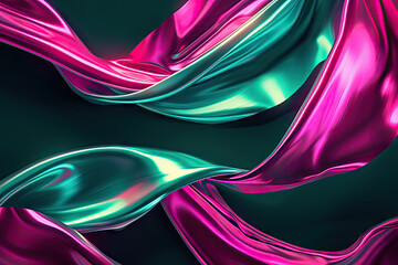 Magical Pink and Green Ribbon Lines on Abstract Foil Neon Swirl Wave Background