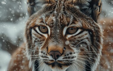 Fototapeta premium Intense Gaze of a Young Eurasian Lynx Against a Snowy Background