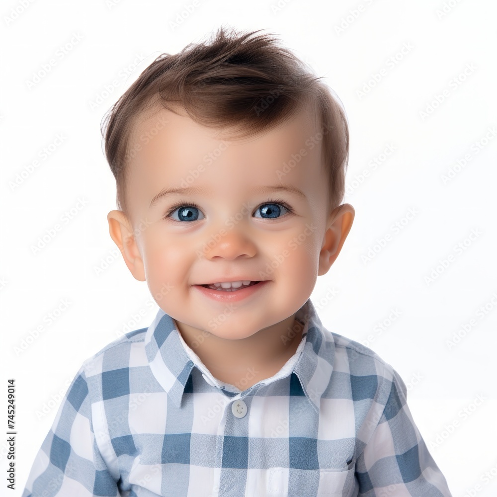 Poster stock image of a baby boy in a checkered shirt against a white backdrop generative ai