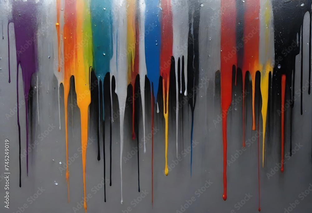 Poster vibrant yellow, blue, and red paint drips cascade down a grey background, creating a striking abstra