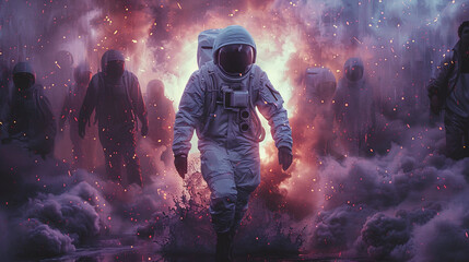 Astronaut walking through a mystical nebula with silhouettes of people in the background.