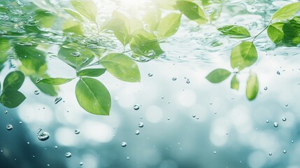 Transparent and clean white water and green leaf background sunlight reflection