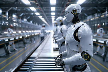 Fototapeta premium Against the backdrop of industrial automation, the humanoid robot stands vigilantly at the conveyor belt alongside human operators, their collective efforts driving the continuous