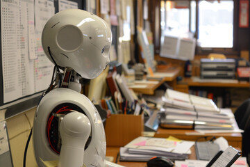 Amidst the hustle and bustle of a busy workplace, a humanoid robot aids employees by organizing files and managing administrative tasks with unparalleled accuracy.