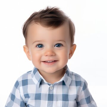 Stock image of a baby boy in a checkered shirt against a white backdrop Generative AI
