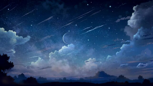 Beautiful nature moon night Sky, with falling stars sky. Cartoon or anime illustration style