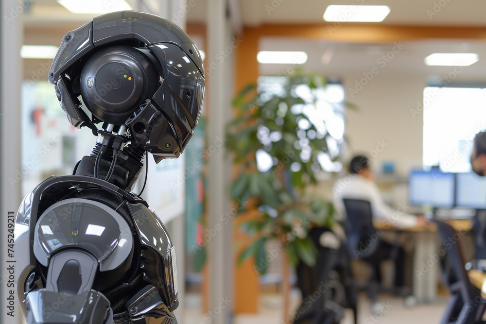 Poster close-up of a humanoid robot stationed in the office, its articulate limbs meticulously carrying out
