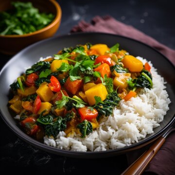 Stock image of a bowl of vegetable curry with rice, colorful and flavorful meal option Generative AI