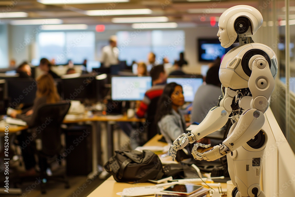Poster in the bustling office environment, a humanoid robot engages in conversation with office workers, it