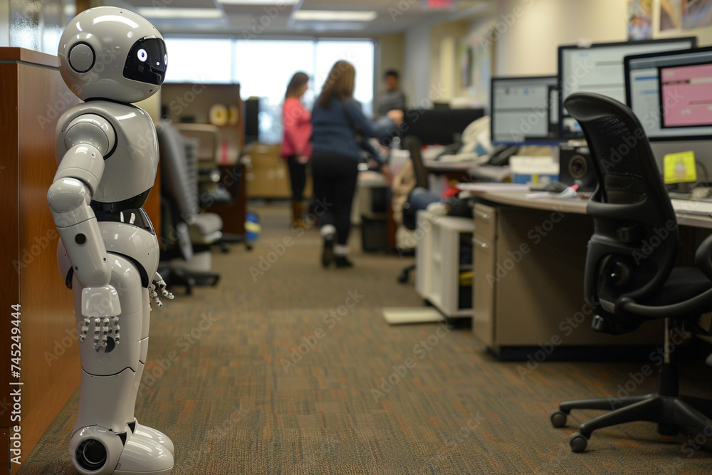 Poster amidst the collaborative buzz of the office, the humanoid robot engages in dialogue with office work