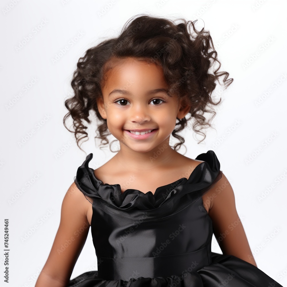 Poster stock image of a child in a formal dress on a white backdrop generative ai